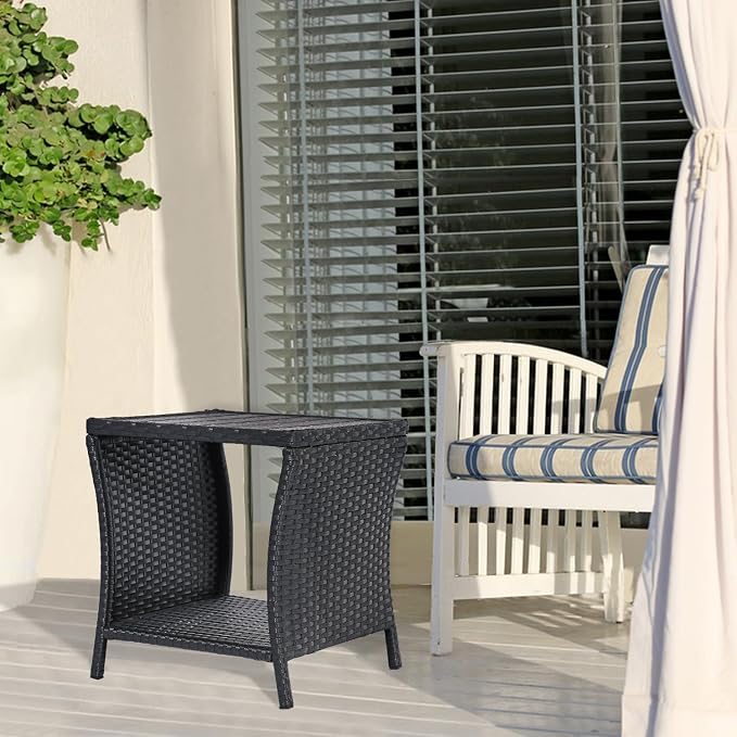 Outdoor Patio Side Table Small Black Wicker Rattan End Table for Outside Storage Coffee Table with Poly Lumber Table Top for Garden Lawn Pool Porch Deck