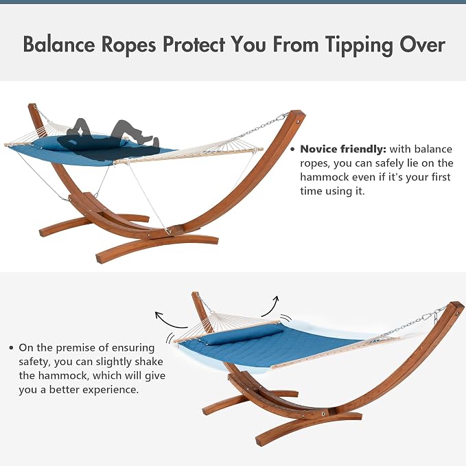 ANOW 13.5FT Curved Wood Stand with Double Hammock, Heavy Duty Larch Wood Arc Stand with 2 Chains, 4 Balance Ropes and 4 Carabiners, Includes Blue Hammock with Spreader Bars