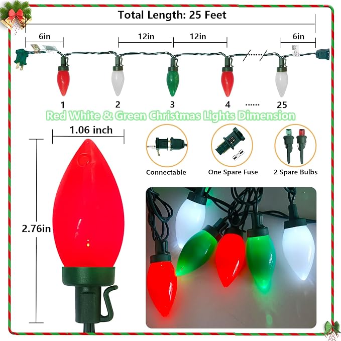 C9 LED Red White and Green Chistmas Lights, 25Ft Vintage Christmas Light 25 LED Red White Green String Lights Xmas Tree Light for Holiday Path Roofline Patio Party Wedding Xmas Decoration