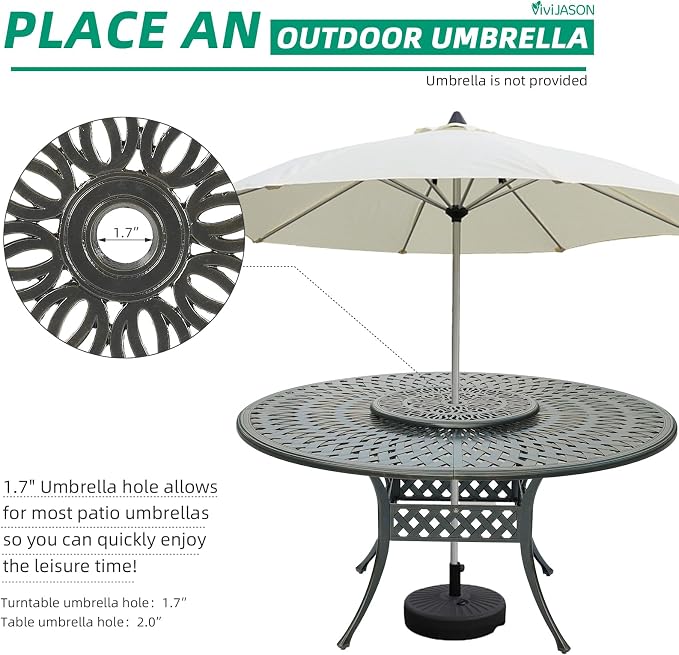 VIVIJASON Outdoor 61" Patio Round Dining Table for 6-8 Person, All Weather Cast Aluminum Patio Dining Table with 24" Lazy Susan and Umbrella Hole for Balcony, Porch and Deck