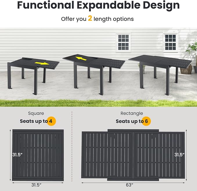 Giantex Expandable Patio Table, 31.5”-63” Extendable Aluminum Dining Table for 4-6 People, Slatted Tabletop, Square Rectangular Outdoor Table for Backyard, Front Porch, Poolside