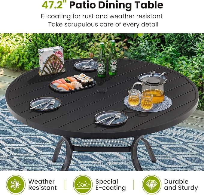 47.2 Inch Outdoor Dining Table for 6 – E-Coating Metal Round Patio Table with Adjustable 1.57" Umbrella Hole, All-Weather Table for Porch, Garden, Backyard, Poolside, Lawn