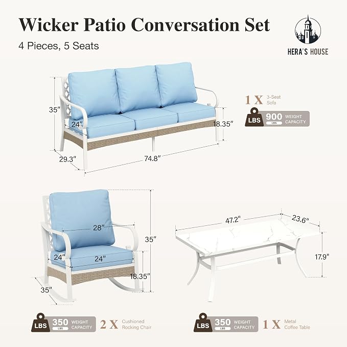 HERA'S HOUSE Patio Furniture Set with Metal & Rattan Design 4-Piece, 2 x Rocking Chairs, 1 x 3-Seat Sofa & Marble Coffee Table, All-Weather Outdoor Conversation Set for Garden Backyard Lawn, Blue