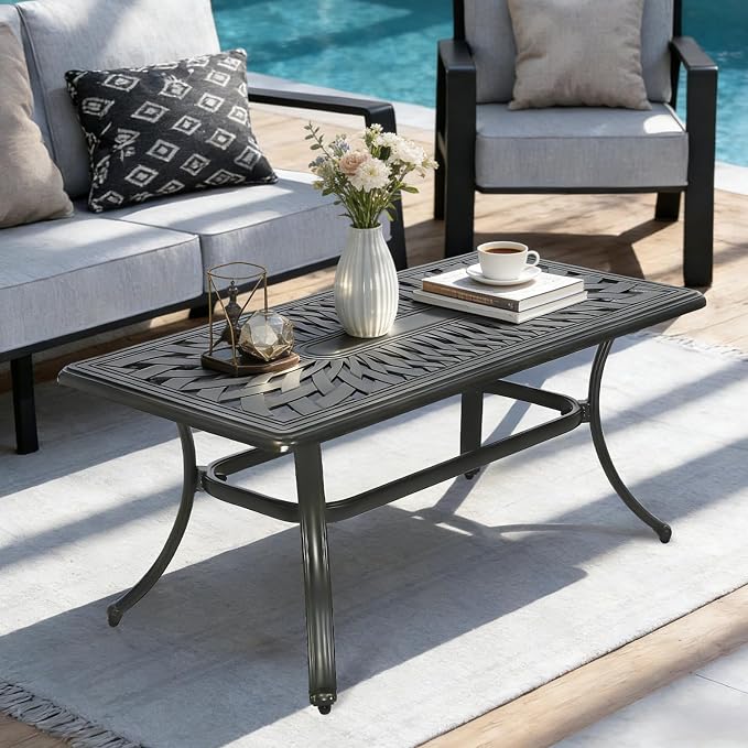 MEETWARM Outdoor Coffee Table, All-Weather Cast Aluminum 42" Rectangle Patio Coffee Table, 220 LBS Heavy Duty Patio Side Table for Balcony Poolside Deck Garden & Indoor Use, Dark Bronze