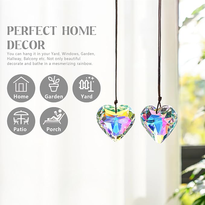 2 Pcs 50mm AB Heart Crystal Prism Rainbow Suncatcher Window Decor | AB Color Heart Crystal Prism Suncatcher Pendants Rainbow Chandelier with Rope for Window Garden Home Wedding Decor