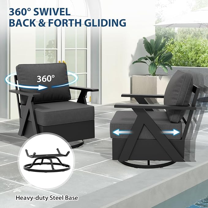 COOS BAY Iron Luxe 7 Piece Outdoor Patio Furniture Set, Modern Patio Conversation Set with Patio Chairs, Swivel Chairs, a 3 Seat Couch, Coffee Table & Side Table for Deck, Garden, Porch, Black/Gray
