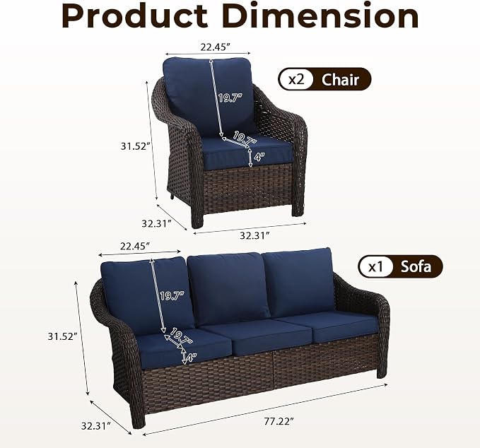 3 Piece Patio Wicker Conversation Set, All-Weather Use Outdoor Wicker Sofa with 2 PE Rattan Chair, Ideal for Porch, Backyard, Balcony, Poolside, Blue
