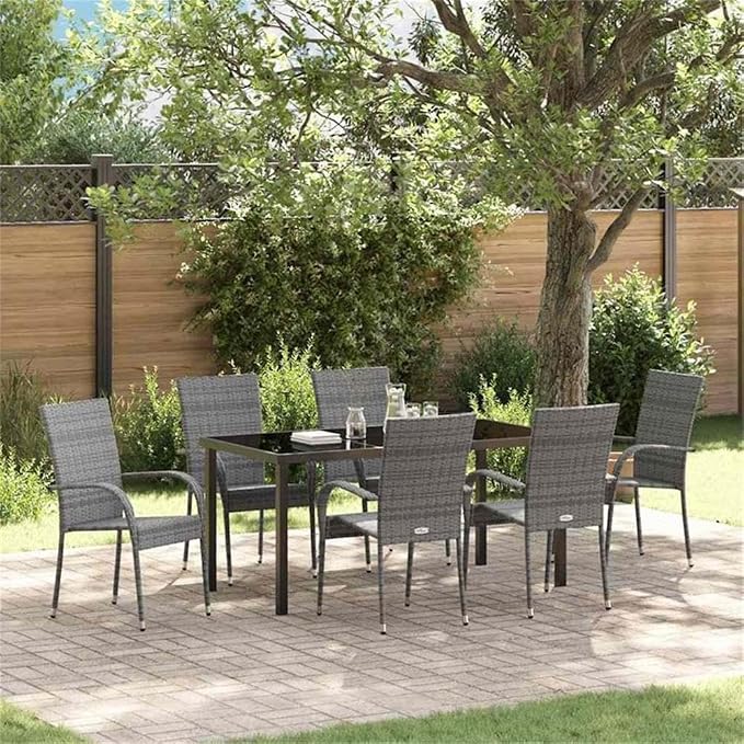 Afuera Living 7 Piece Poly Rattan Patio Dining Set, Black Powder-Coated Steel Frame, Weather-Resistant, Rectangular Table with Flat Armrest Chairs, Modern Outdoor Furniture for Garden, Balcony, or