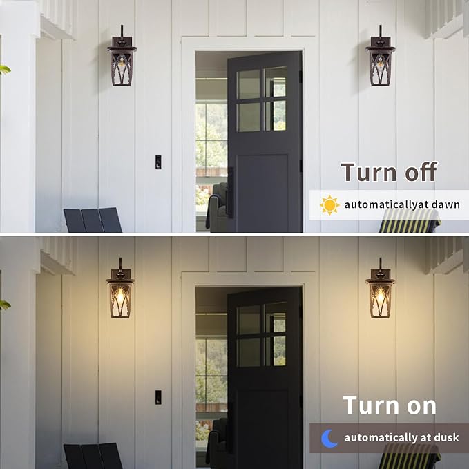 Dusk to Dawn Outdoor Wall Light Fixtures,18'' Outdoor Porch Sconces Lighting , Waterproof Wall Lanterns with E26 Sockets & Water Ripple Glass, Modern Oil Rubbed Bronze Outside Lights for Patio, Garage
