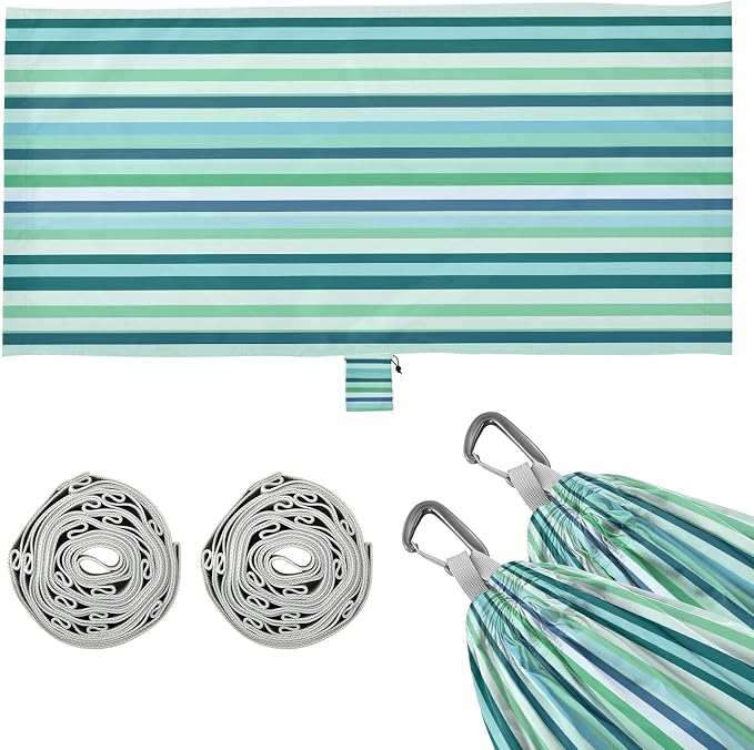 Camping Hammock Outdoor Hammocks for Outside Blue Green Stripe Beach Trees Portable Lightweight with Pockets Tree Straps Indoor