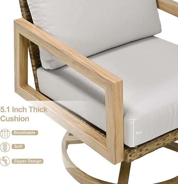 HAPPATIO 3-Piece Patio Swivel Chair - 2 Aluminum Outdoor Bistro Set with Wicker Backrest and Woodgrain-Textured Side Table, Rustic Outdoor Conversation Set with Cushions for Garden Balcony Deck Porch