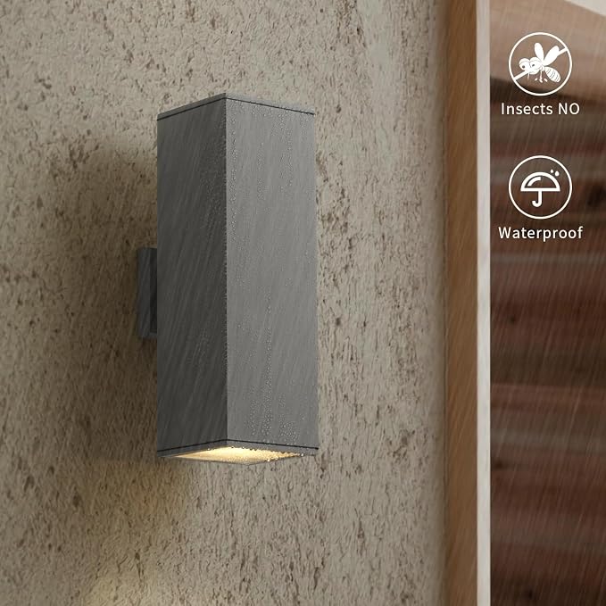 mirrea 18" Modern Outdoor Porch Light in 2 Lights, Matte Gray, 2 Pack | Patio wall sconce, aluminum rectangular tube, tempered glass, waterproof. Up & down lighting for outdoor wall mount fixture.