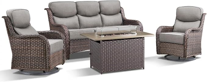 Luxury Patio Furniture Set with Fire Pit Table-4 Pieces High Back Wicker Swivel Rocker Chairs with 6" Extra Thick Cushions, Outdoor Patio Conversation Sets for Porch Deck Backyard(Brown/Grey)