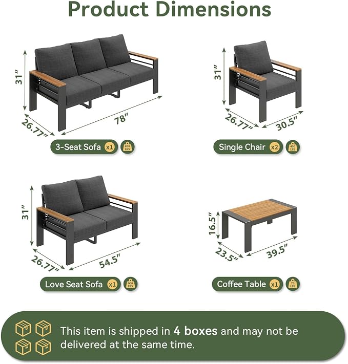 Aoxun Patio Furniture Set, 7 Piece Aluminum Patio Sets with 5" Thicken & Washable Cushion, Waterproof Outdoor Furniture with Coffee Table, Outdoor Couch Sectional for Backyard, Porch and Garden