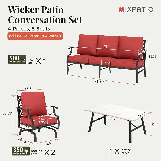 MIXPATIO Patio Furniture Set 4 pcs, Outdoor Patio Furniture, 3-Seat Sofa, 2 Rocking Chairs, Coffee Table and 5.75" Extra Thick Cushions, Conversation Set for Backyard Deck, Red