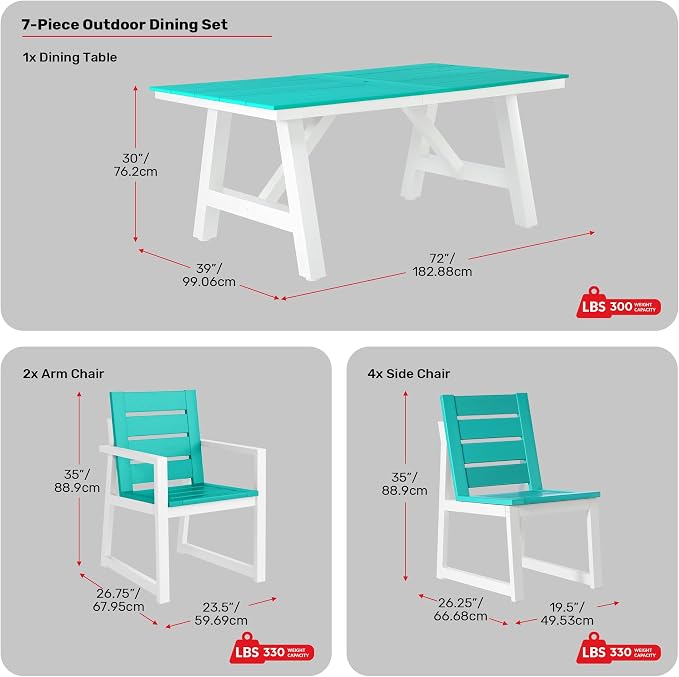 Costaelm Stinson 7-Piece Outdoor HDPE Patio Dining Table Set with Umbrella Hole & Dining Chairs for 6, Turquoise