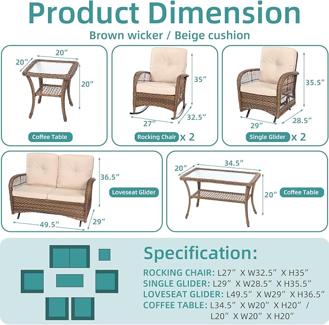 MEETWARM 7 Pieces Outdoor Wicker Patio Conversation Sets with Glider Loveseat, 4 Chairs with 2 Glass-Top Coffee Table Rocking Glider Set, Wicker Conversation Set with Thickened Cushions, Beige