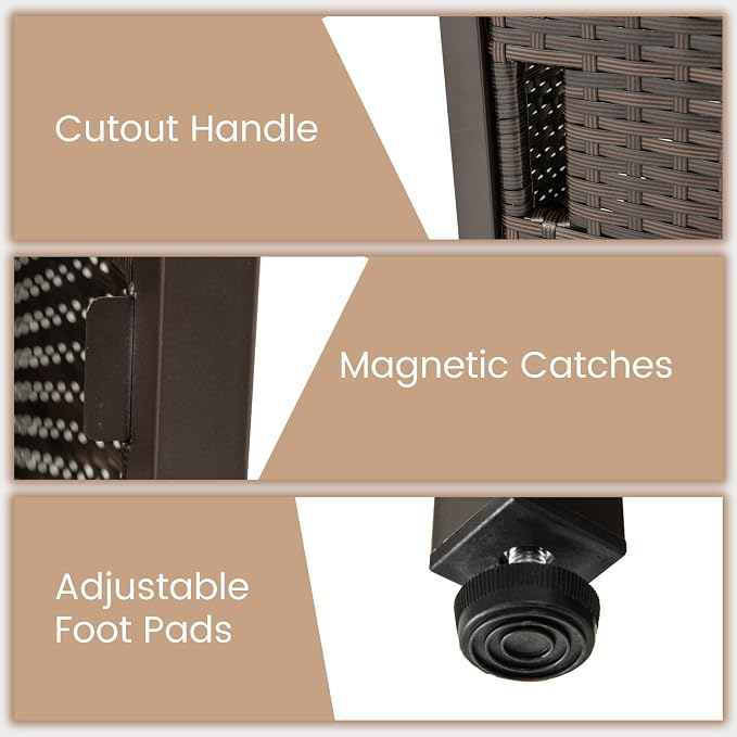 Outdoor Side Table with Umbrella Hole, Umbrella Table with Zinc-Iron Alloy Tabletop, 2 Sand Bags & Single-Door Cabinet, 22" Wicker End Table for Patio, Garden, Porch, Poolside(Mix Brown)