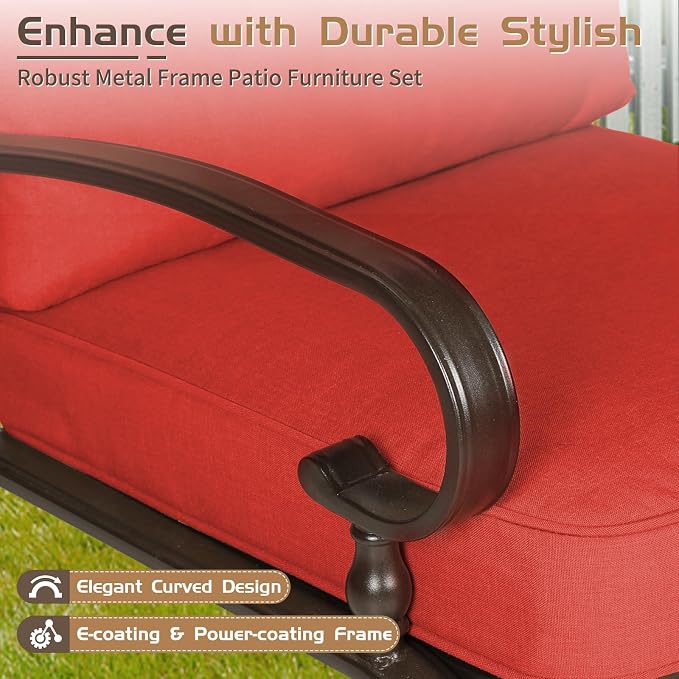 Oakcloud 7Pcs Metal Outdoor Furniture Patio Conversation Set (Loveseat, Coffee Table and Bistro Table, 2 Spring Chair, 2 Dining Chair) -Wrought Iron Patio Chair Set with Cushions (Red)