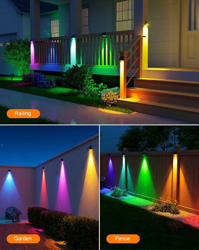 12 Pack Color Changing Solar Powered Fence Light Outdoor Decoration LED Waterproof Landscape Sconce for Exterior Stair, Terrace, Handrail, Patio, Enclosures, Mailbox, Backyard, Easy 1-Min Installation