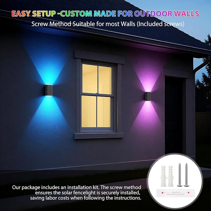 Solar Wall Light Outdoor , RGB & Warm White 8 Modes Dusk to Dawn Lighting Wall Sconce IP67 Waterproof Up and Down Solar Lights Outdoor Front Door Light for House, Garage, Porch, Doorway,Fence (1PACK)