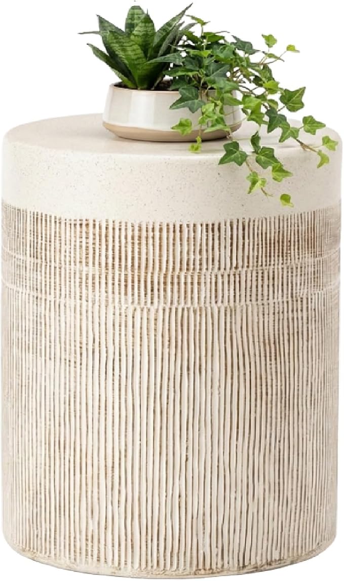 HOMPUS Outdoor Side Table, Concrete Side Table Design Vertical Thread, Patio Round Accent Coffee Table, Lightweight MgO Garden Tool for Patio, Porch and Deck, Light Beige