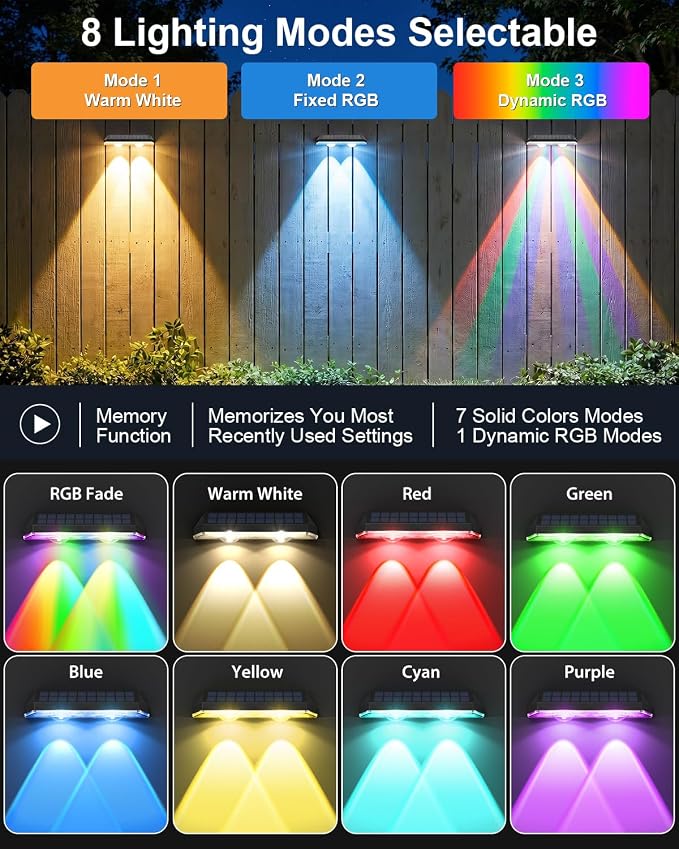 Solar Fence Lights Outdoor, 12 Pack Warm White & RGB 8 Colors Fence Lights Solar Powered Ultra-Bright LED Lens Waterproof Outdoor Solar Lights for Fence, Backyard, Railing, Patio, Wall, Step, Deck