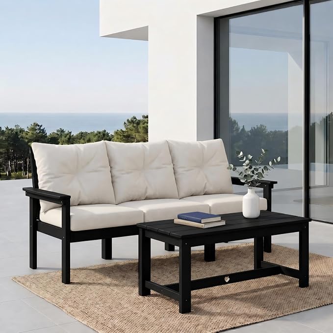 HDPE 4 Piece Patio Furniture Set, All-Weather Outdoor Couch with Thick Cushions & Coffee Table, Patio Conversation Sets for Lawn, Garden, Porch, Balcony, Deck, Poolside,Black Frame Beige Cushion