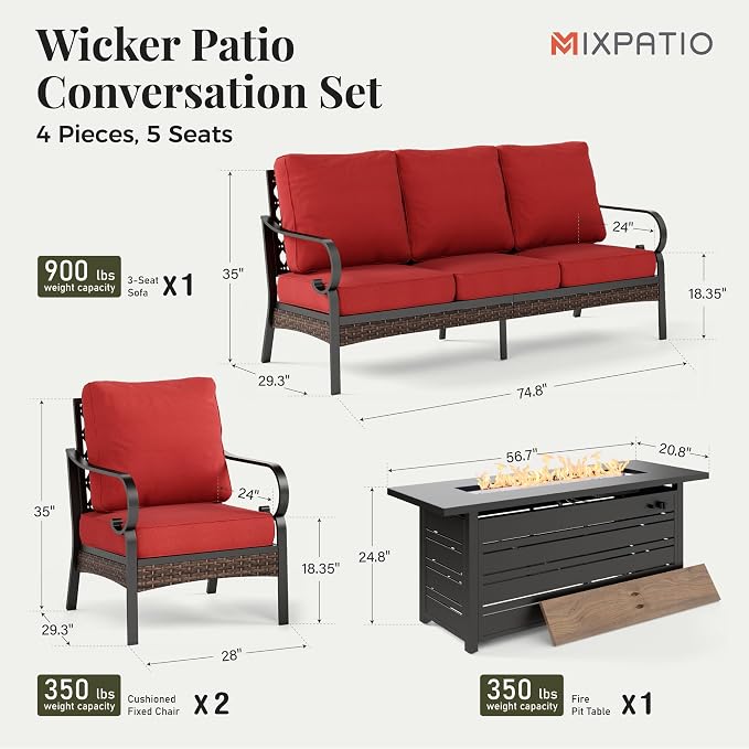 MIXPATIO Patio Furniture Set with Fire Pit Table, 4 PCS Metal Outdoor Conversation Set with 5.75'' Extra Thick Cushion, 2 Chairs, 3-Seat Sofa and Gas Fire Pit Table, Red
