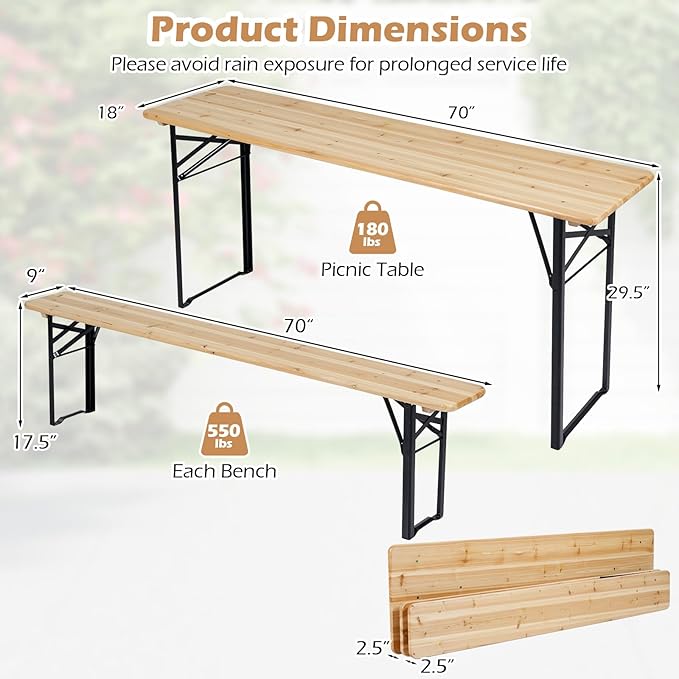 COSTWAY Folding Wood Picnic Table, Foldable Long Narrow Picnic Table with Benches Set for 4-6 People, Wooden Beer Table Metal Frame for Outdoor BBQ Party, Garden, Backyard