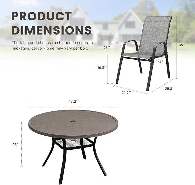 7 Pieces Outdoor Dining Set, 47.2" Round Table with Umbrella Hole & Stackable Patio Dining Chairs, Patio Table and Chairs Set for Deck Garden Porch, Grey Chairs & Grey Table