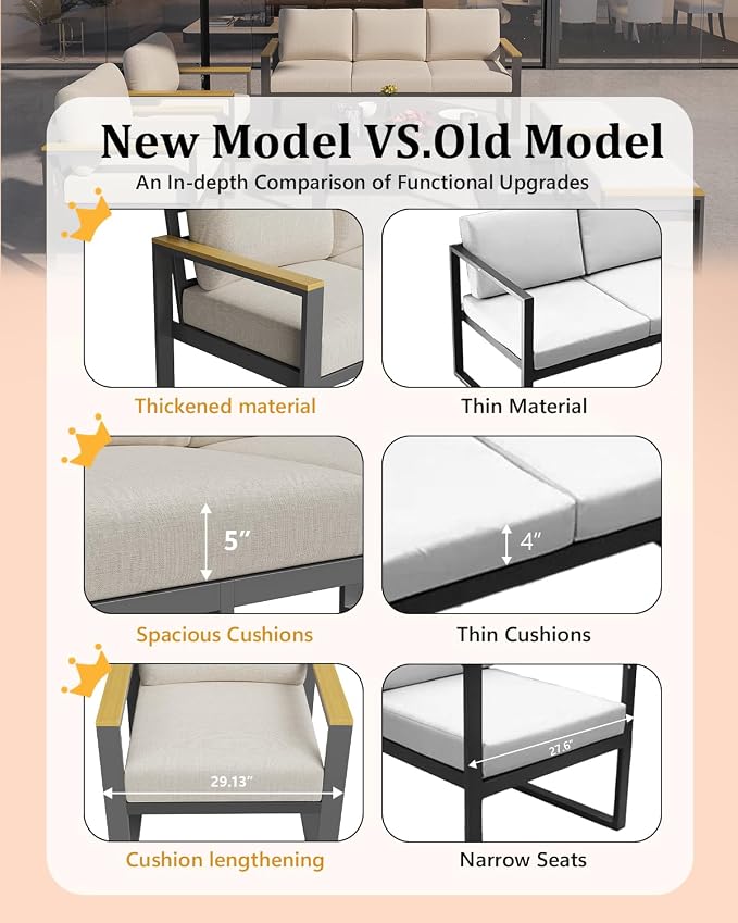 Garvee Aluminum Outdoor Patio Furniture Set with Coffee Table | 5 Piece Patio Conversation Sets with Washable Thick Cushions, Outdoor Sectional Furniture Set for Porch, Balcony, Deck, Yard,