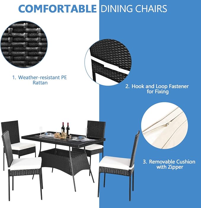 RELAX4LIFE 5-Piece Wicker Dining Set - Patio Rattan Dining Furniture w/ 1 Rectangular Table, 4 Chairs & Removable Soft Cushions, Indoor & Outdoor Dining Table Set w/Tempered Glass Top, Black