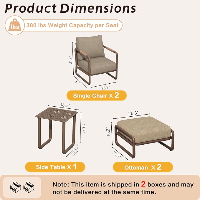 All-Weather 2-Seat Aluminum Patio Set with Ottomans, Outdoor Conversation Sofa with 6.5" Thick Olefin Cushions, Rust-Resistant for Pool, Garden, Backyard (Brown)