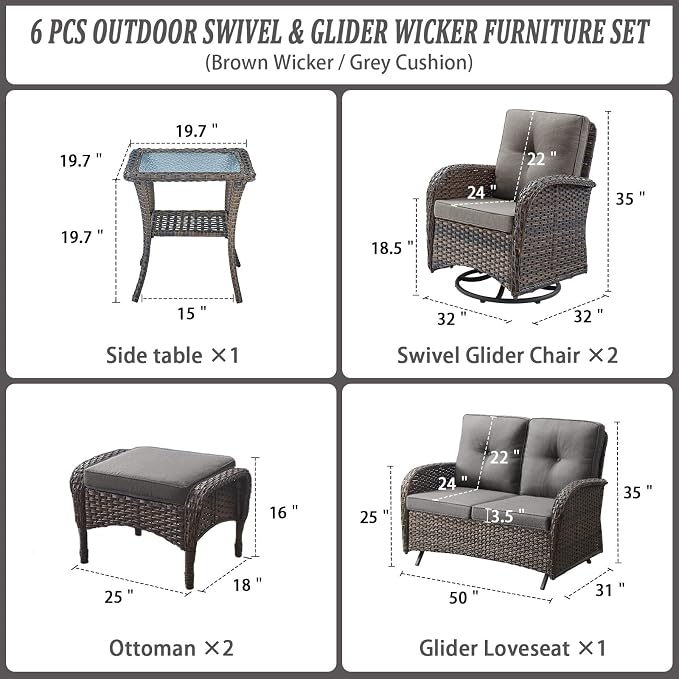 Belord 6 Piece Patio Conversation Sets - Wicker Patio Furniture Sets with Outdoor Swivel Rocker Chairs, Glider Loveseat Perfect for Patio Deck Backyard, Brown Wicker Grey Cushion