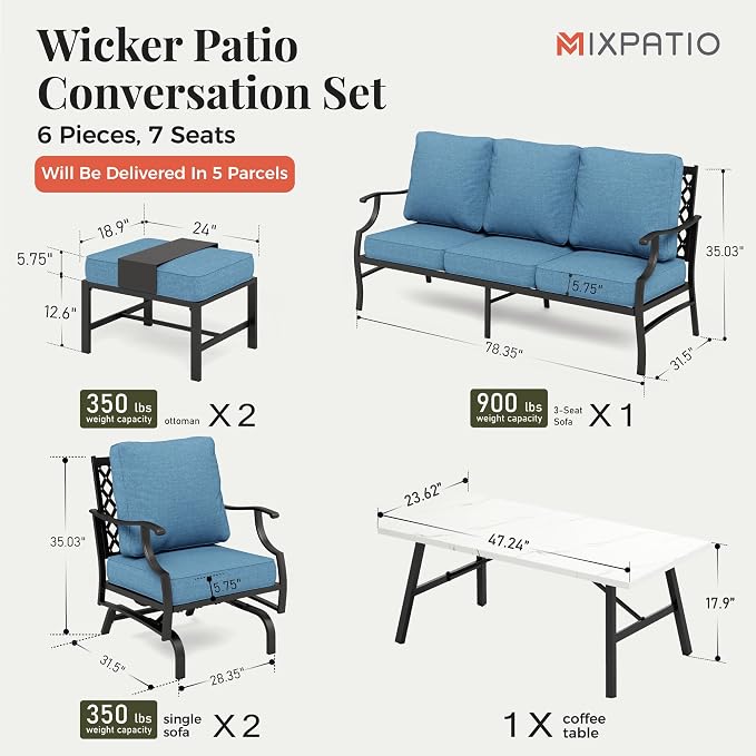 MIXPATIO Patio Furniture Set 6 pcs, Outdoor Patio Furniture, 3-Seat Sofa, 2 Rocking Chairs, 2 Ottomans, Coffee Table and 5.75" Extra Thick Cushion, Conversation Set for Backyard Deck, Navy Blue