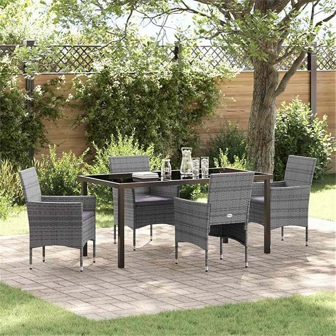 Afuera Living 5 Piece Poly Rattan Patio Dining Set, Gray Finish, Weather-Resistant Cushions, Powder-Coated Steel Frame, Tempered Glass Tabletop, Seating for 4, Modern Outdoor Furniture for Backyard