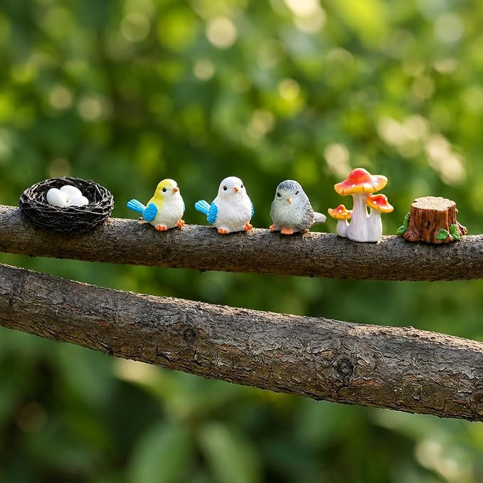 Fairy Garden Accessories, 7 Pieces Birds Resin Figures with Bird's Nest Mushroom, Handmade Miniature Decor, Garden Miniatures Home Outdoor Decors, Perfect DIY Gift