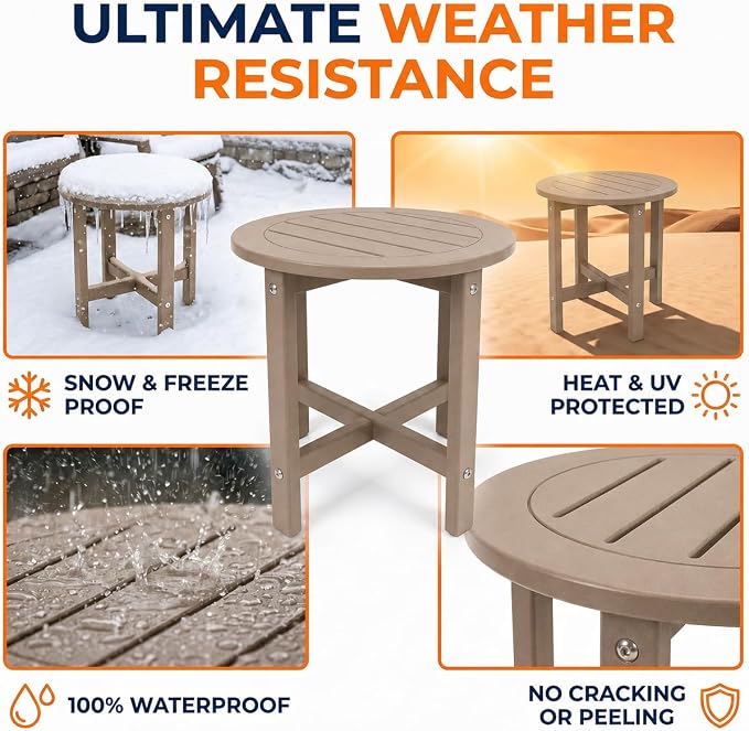 GDFStudio HDPE Outdoor Side Table, Small Patio End Table, All-Weather Round Accent Table for Porch Balcony Deck Poolside, Antique Brown