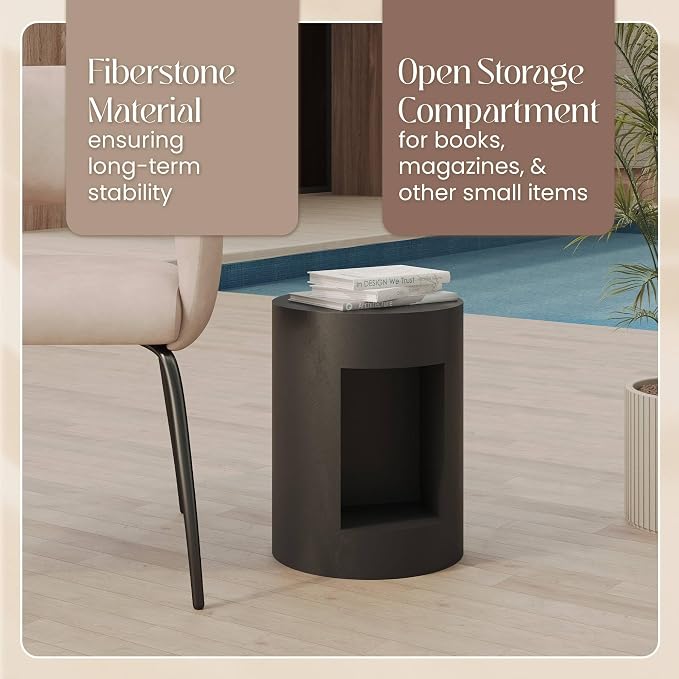 LeisureMod 14” Wide Black Round Side Table in Fiberstone with Open Storage, Painted Finish, for Indoor Outdoor Use, Modern Living Room, Bedroom, Patio, Garden