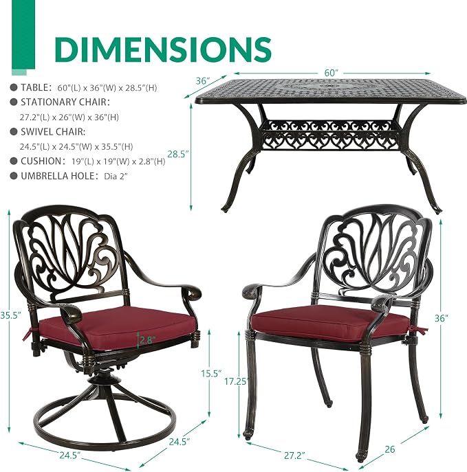VIVIJASON 7 Pieces Cast Aluminum Outdoor Furniture Dining Set, Patio Conversation Set, Include 4 Stationary Chairs, 2 Swivel Dining Chairs and a Rectangle Table with 2" Umbrella Hole, Red Cushion