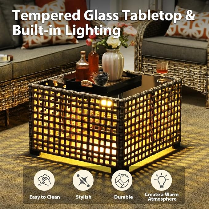 5 Pieces Patio Sectional Furniture Set, Outdoor Wicker Sectional Couch with Solar Lights Table, Modern Conversation Set for Porch Balcony Backyard, Beige