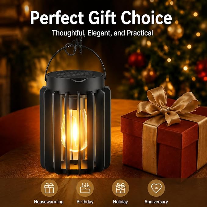 4 Pack Solar Lanterns Outdoor Waterproof, Retro Metal Hanging Lantern | 12-Hr Runtime Outdoor Solar Lantern, Auto On At Dusk, High Bright Hanging Solar Lights for Garden Porch Patio Decor, Black