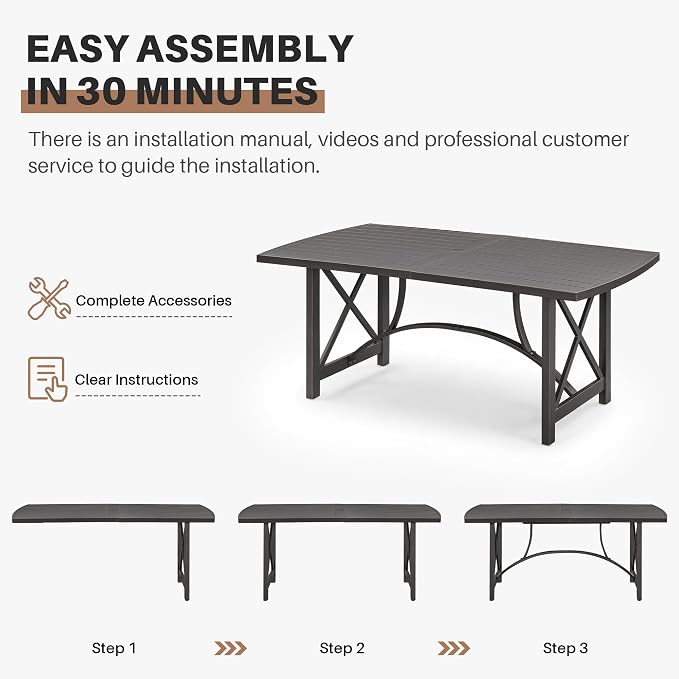 Never-Rust 72" x 36" Outdoor Table, Rectangular Aluminum Patio Table for 6 Person with Umbrella Hole, Heavy-Duty Indoor/Outdoor Table for Garden, Poolside, Backyard, Black