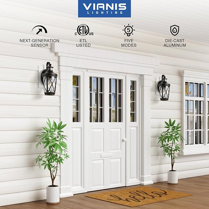 VIANIS Motion Sensor Outdoor Porch Lights Wall Mount, 2-Pack Modern Dusk to Dawn Exterior Lighting Fixtures, Oil Rubbed Bronze Gold Trim Wall Lanterns for Garage, Waterproof Coach Lights for House