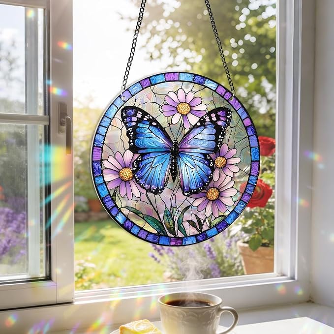 8 Inch Acrylic Window Hanging, Butterfly Flower Stained Glass Suncatcher, Window Decor, Plant Lover Gift for Women, Best Friend, Family, Colleague, Classmate (232)