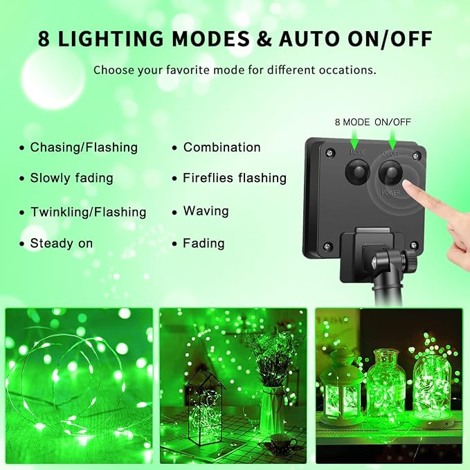 JMEXSUSS 4 Pack Solar Fairy Lights, 100 LED 33FT Green Halloween Lights | Outdoor Waterproof, 8 Modes Copper Wire Solar String Lights for Patio Garden Yard Tree Christmas Halloween Decorations
