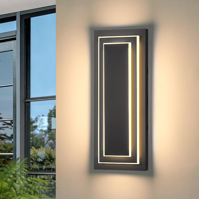 Outdoor Front Porch Light Fixtures,Outdoor Wall Sconce 15.7 in,24W | 2-Tier Black Modern LED Exterior Lights Outside Wall Lights For House,Garage, Patio,Waterproof ,3000K Warm White, 1 Pack