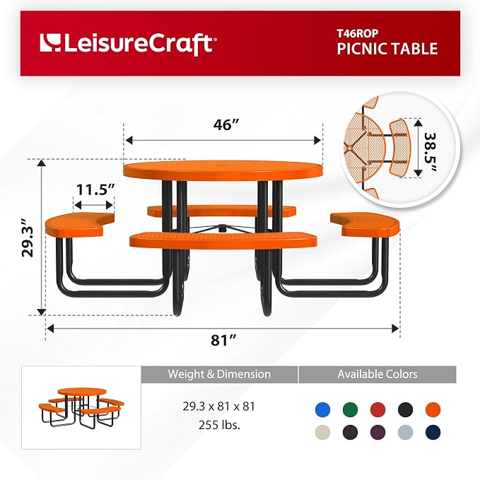 Leisure Craft Metal Picnic Table with Bench - 46" Round Outdoor Dining Table for 8 with Umbrella Hole, Weatherproof Heavy Duty Thermoplastic Coating, Commercial Grade Furniture Made in USA - Orange