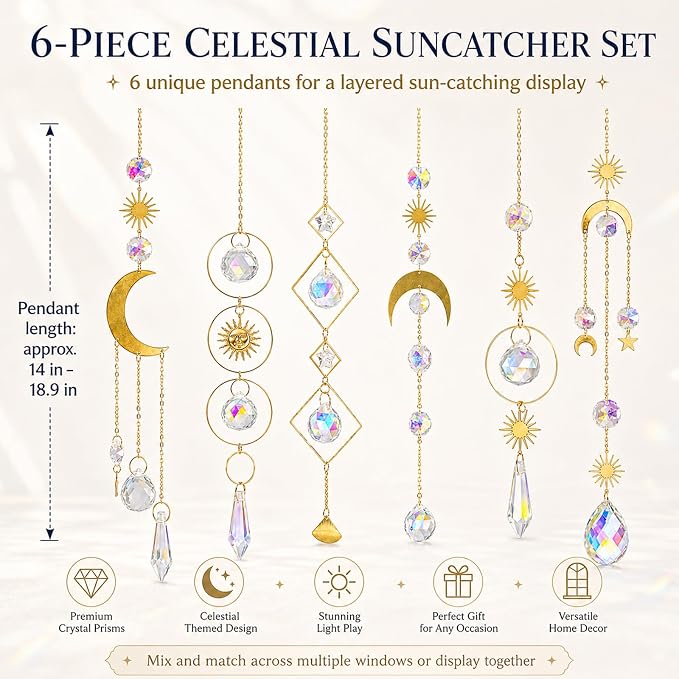 6Pieces Colorful Crystals Suncatcher Hanging Sun Catcher with Chain Pendant Ornament Crystal Balls for Window Home Garden Christmas Day Party Wedding Decoration